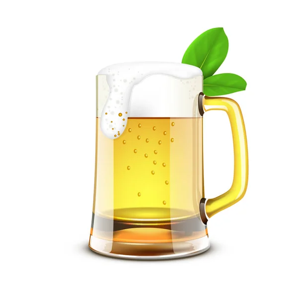 Bier Mok Met Een Glas Water Een Groen Blad — Stockvector