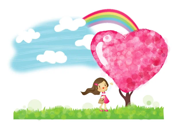Illustration Eines Mädchens Und Eines Ballons Mit Herz — Stockvektor