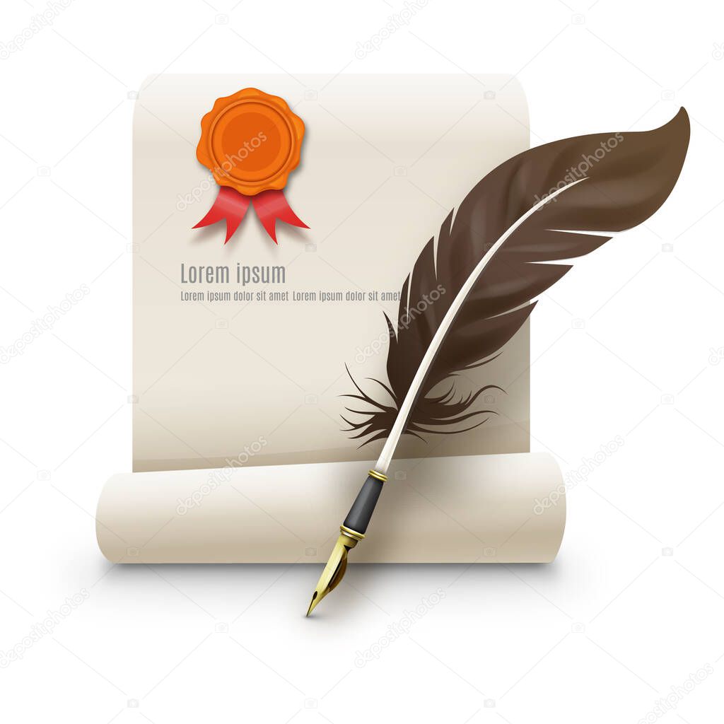vector illustration of a feather and inkwell with a scroll