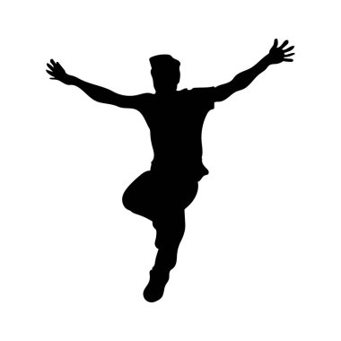 Beyaz arka planda zıplayan bir adamın silüeti.