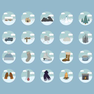 Seyahat, simgeler ve nesnelerin düz dizayn ögelerinden oluşan vektör kümesi.
