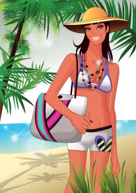 Sahilde bikinili bir kızın resmi.