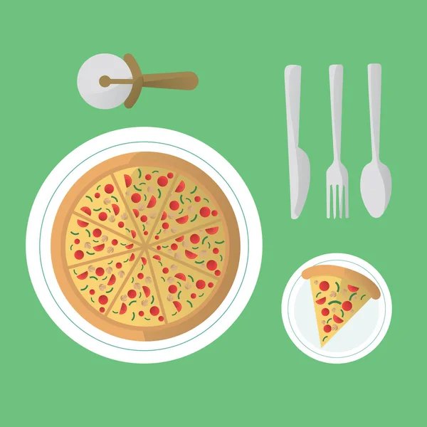 Ilustración Vectorial Una Pizza Con Tenedor Cuchillo — Vector de stock