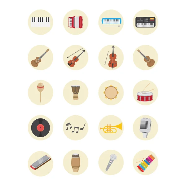 Instrumentos Música Conjunto Ícones Ilustração Plana Ícone Vetor Musical Para —  Vetores de Stock