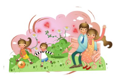 Bir kızla bir oğlanın çiçekle oynadığı resim.