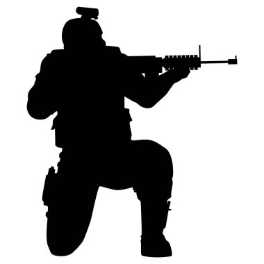 Beyaz arka planda tüfeği olan bir askerin silueti.