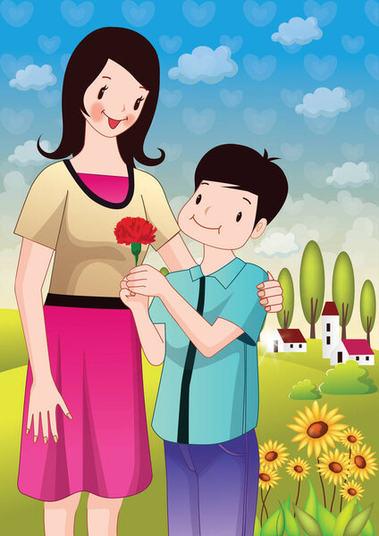 illustration of a couple holding a flower in the park