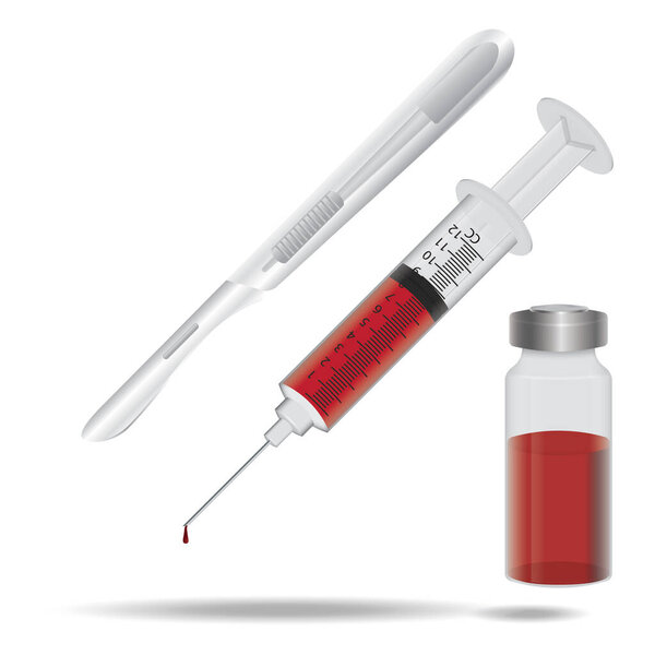шприц с кровью на белом фоне