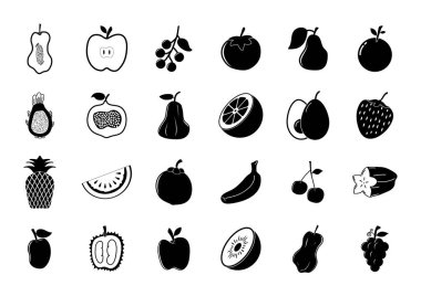 meyve ve sebze simgeleri beyaz arkaplanda siyah biçimde izole edilmiş