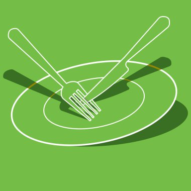 Çatal ve bıçak ikonlu yeşil ve beyaz bir tabağın vektör çizimi