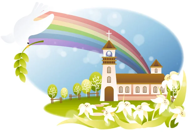 Ilustración Una Iglesia Con Arco Iris — Vector de stock