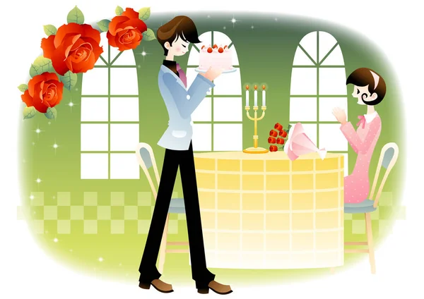 Illustration Einer Frau Einer Einkaufstasche Mit Einem Blumenstrauß — Stockvektor