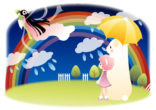 Ilustración Una Niña Con Arco Iris Sobre Fondo Blanco — Vector de stock