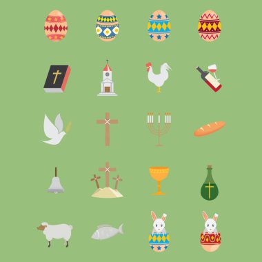 Paskalya ikonları hazır. Web için 9 vektör sembolünün düz çizimi