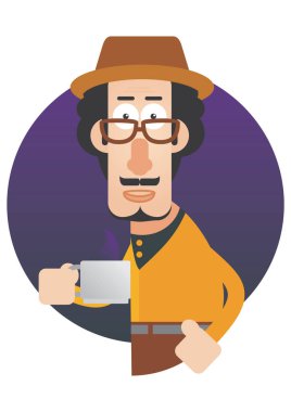 Bir fincan kahveyle şapkalı bir adamın vektör çizimi