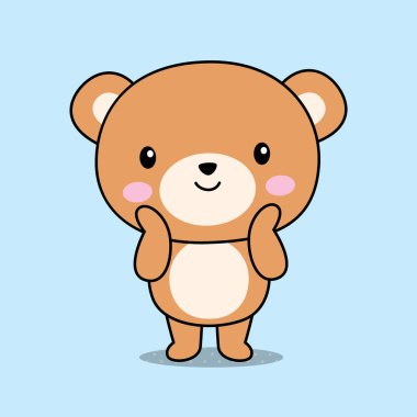 Mavi arka planda pembe fiyonklu sevimli bir oyuncak ayı.