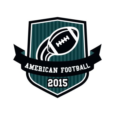 Amerikan futbol amblemi, top ve kurdele vektör illüstrasyonuyla.