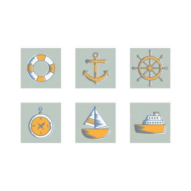Deniz ve deniz simgelerinin vektör kümesi