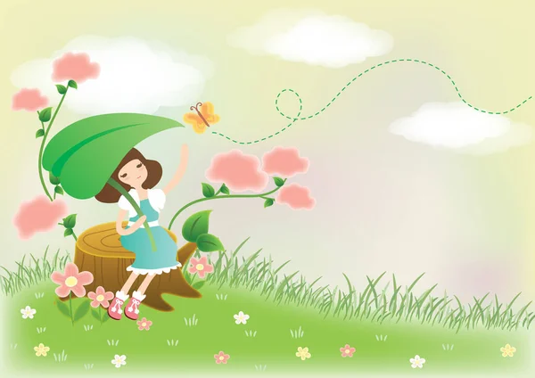 Mädchen Mit Blumen Und Schmetterlingen Auf Der Wiese — Stockvektor