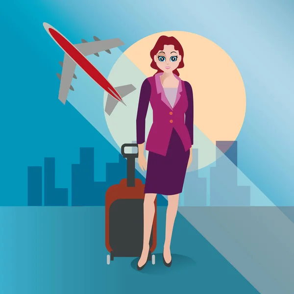 Woman Suitcase Airplane Background Travel Vector Illustration — Stock Vector