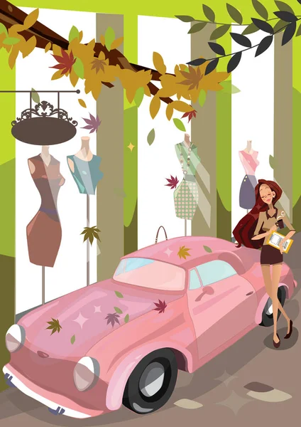 Vektor Illusztráció Egy Lány Egy Autóban — Stock Vector