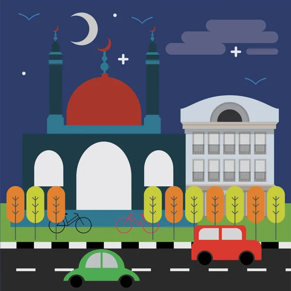 Wektorowa Ilustracja Współczesnego Miasta Meczetem Pejzażem Miejskim — Wektor stockowy