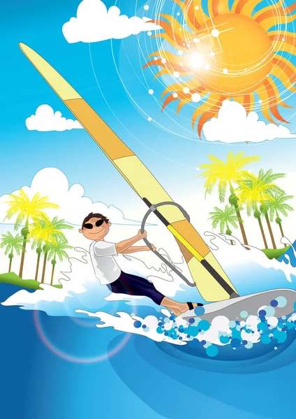Illustration Eines Surfers Strand — Stockvektor