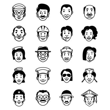 Farklı mesleklerin dokuz farklı ifadesi. vektör illüstrasyonu