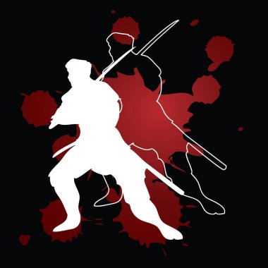 Siyah arka planda kılıçlı bir dövüşçünün silueti.