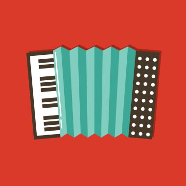 Kırmızı arkaplanda düz biçimde izole edilmiş akordeon simgesi. müzik enstrümanı vektör illüstrasyonu