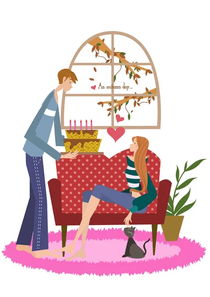 Illustration Vectorielle Couple Une Jeune Fille Dans Une Robe Avec — Image vectorielle