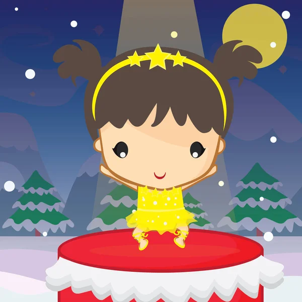 クリスマスツリーの冬のドレスを着た女の子 — ストックベクタ