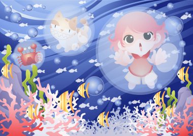 Denizkızı ve balıklı sualtı sahnesi