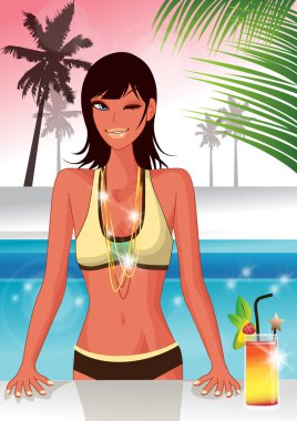 Sahilde bikinili bir kızın resmi.