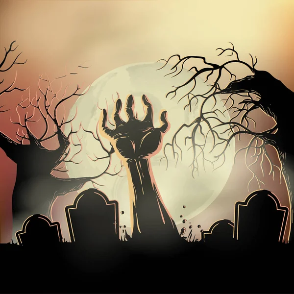 Halloween Notte Sfondo Con Spaventoso Zombie Silhouette — Vettoriale Stock