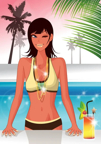 Illustration Une Fille Bikini Sur Plage — Image vectorielle