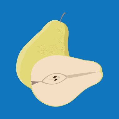 Mavi zemin üzerinde taze olgun armutlar olan vektör düz çizgi film armudu