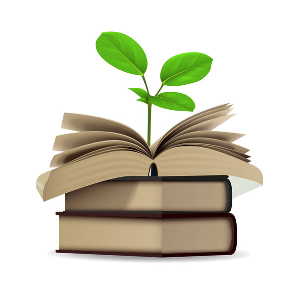 Открытая книга с зелеными листьями изолированы на белом