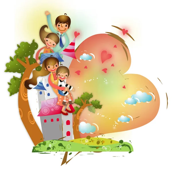 Illustration Einer Familie Mit Einem Spielzeugbär Und Einem Mädchen — Stockvektor