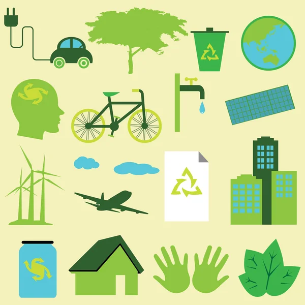 Yeşil ağaçlar ve ekoloji simgelerinden oluşan vektör kümesi