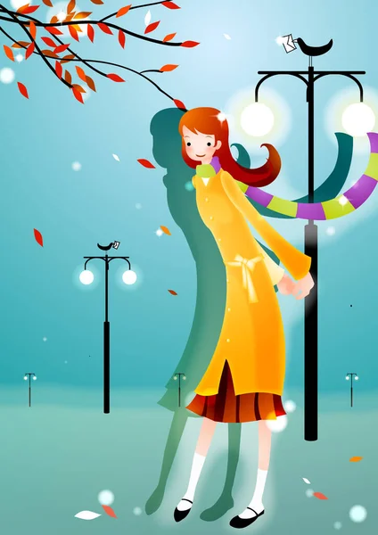 Mädchen Winterkleid Mit Einem Blumenstrauß — Stockvektor