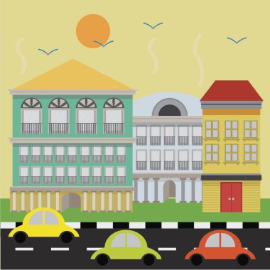 Sokaktaki bir şehrin vektör illüstrasyonu