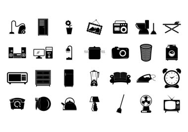 Ev aletlerinin siyah beyaz vektör simgeleri
