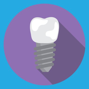 Düz biçimli diş implant simgesi mavi arkaplan vektör illüstrasyonunda izole edildi