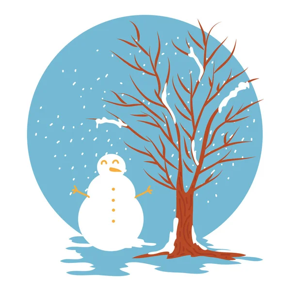 Winter Hintergrund Mit Niedlichen Schneemann Und Weihnachtsbaum — Stockvektor