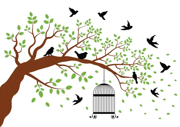 Fåglar Och Träd Silhuetter Vit Bakgrund — Stock vektor