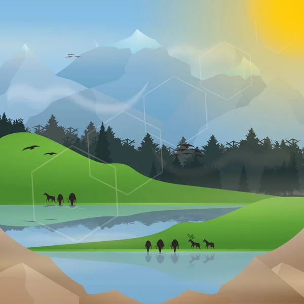 Illustration Vectorielle Paysage Montagne Avec Des Animaux — Image vectorielle