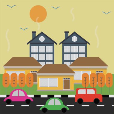 Evleri olan modern şehrin vektör illüstrasyonu