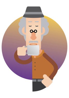 Kahve bardağının bıyıklı ve sakallı çizgi film karakteri. vektör illüstrasyonu