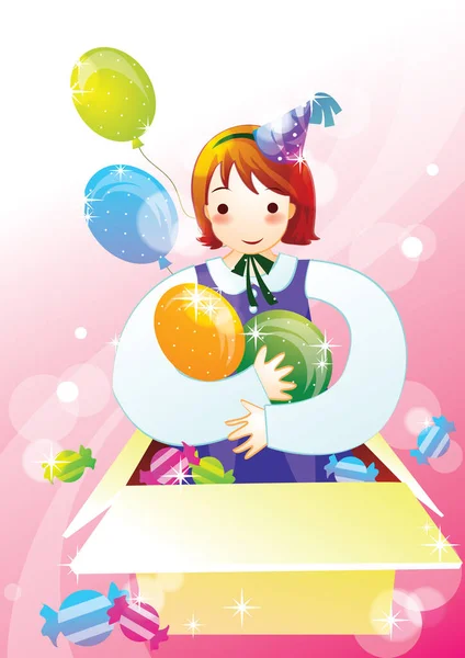 Illustration Eines Mädchens Einem Rosa Kleid Mit Einem Luftballon — Stockvektor